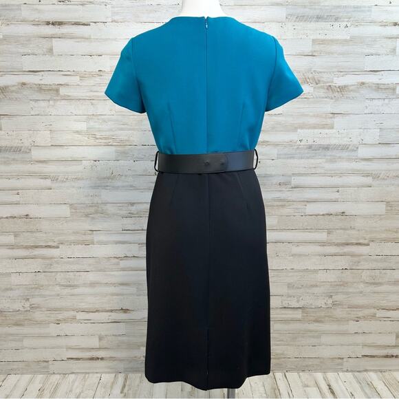 Tahari Arthur S Levine Short Sleeve Belted Dress Size 4 Teal Black Two Tone - Picture 8 of 14